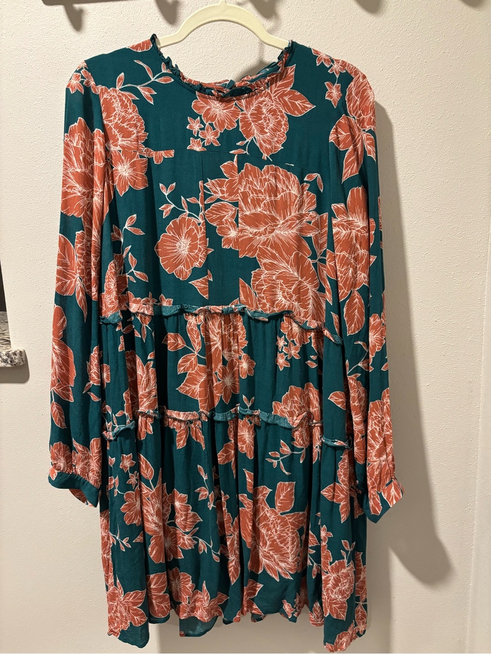 Anthropologie Teal Dress with Coral Floral Print